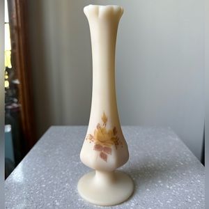 Fenton #9056 DR Chocolate Roses on Cameo Satin Vase Painted Custard Stamped